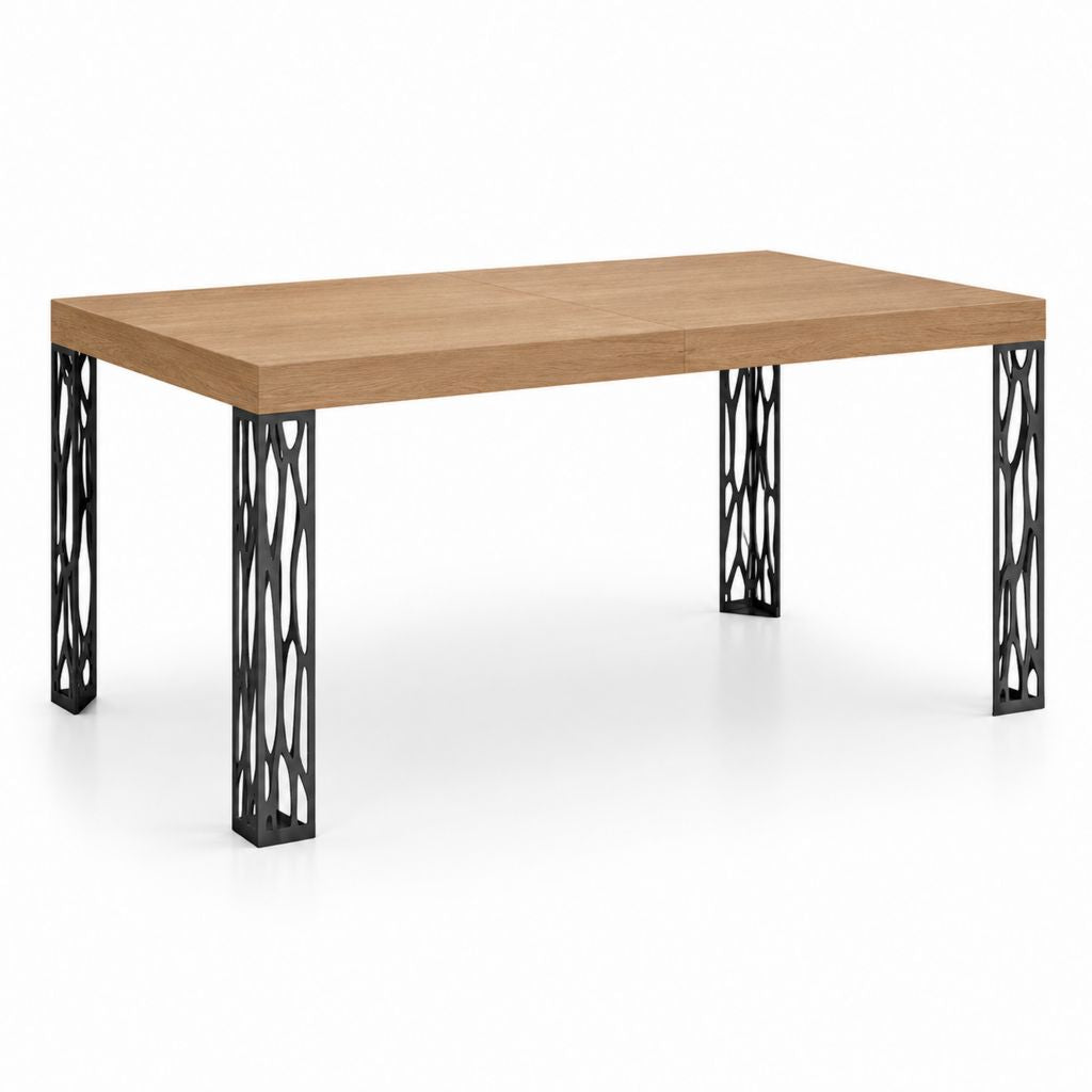 Rechteckiger Esstisch 160 × 90 × 75 cm in melaminischer Schnitzerei Eiche Effekt mit Beinen aus schwarzem Stahl
