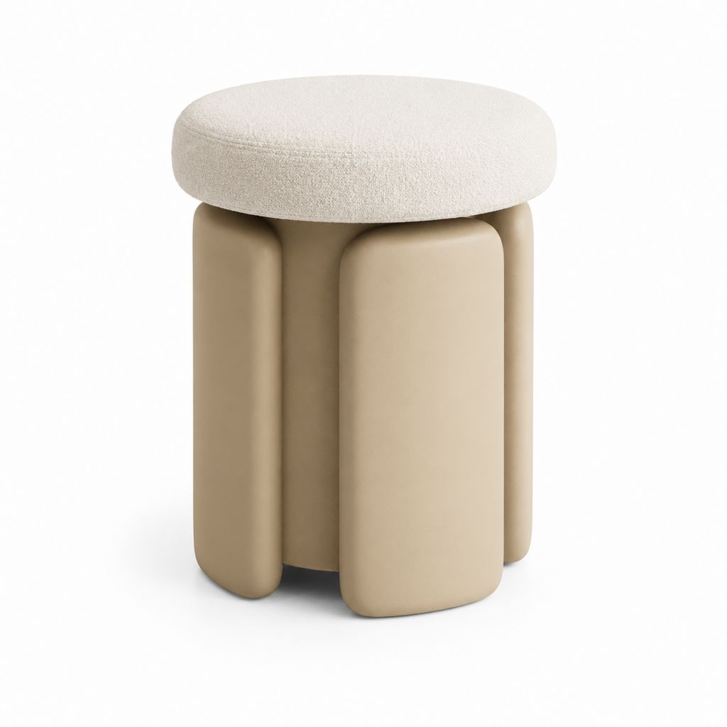 Gepolsterter runder Hocker aus Elfenbein-Polyester-Boucle und beige Mikrofaser, 45 × 45 × 47 cm