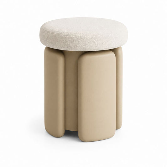 Gepolsterter runder Hocker aus Elfenbein-Polyester-Boucle und beige Mikrofaser, 45 × 45 × 47 cm