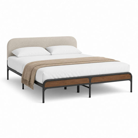 Doppelbett 160 × 200 cm mit Beige Stoff Kopfteil, Rahmen aus schwarzem Stahl und Einsätze aus braunem Nussholz, 168 × 211 × 105 cm