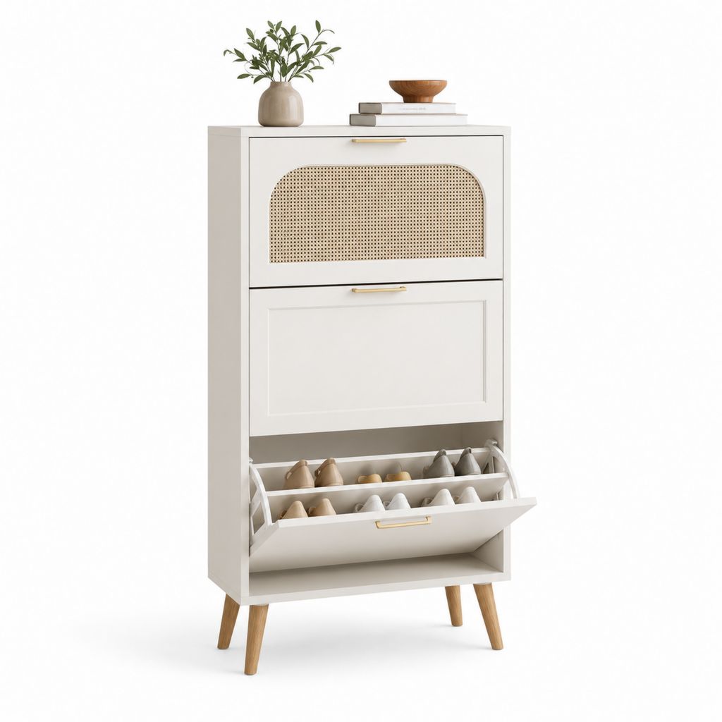 Set 3 pezzi – Slim-Schuh mit drei klappbaren Kipptüren aus MDF und natürliche Rattan, weiß, 80 × 24 × 140 cm
