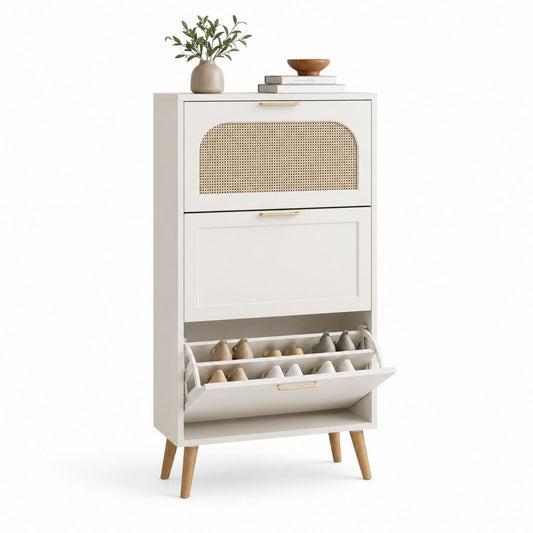 Set 3 pezzi – Slim-Schuh mit drei klappbaren Kipptüren aus MDF und natürliche Rattan, weiß, 80 × 24 × 140 cm