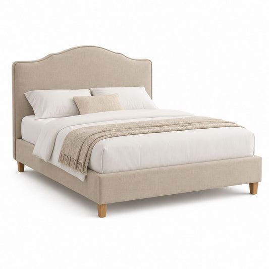 Gepolstertes Doppelbett aus Polyester beige, 160 × 200 cm, Abmessungen 215 × 170 × 120 cm, geformtes Kopfteil