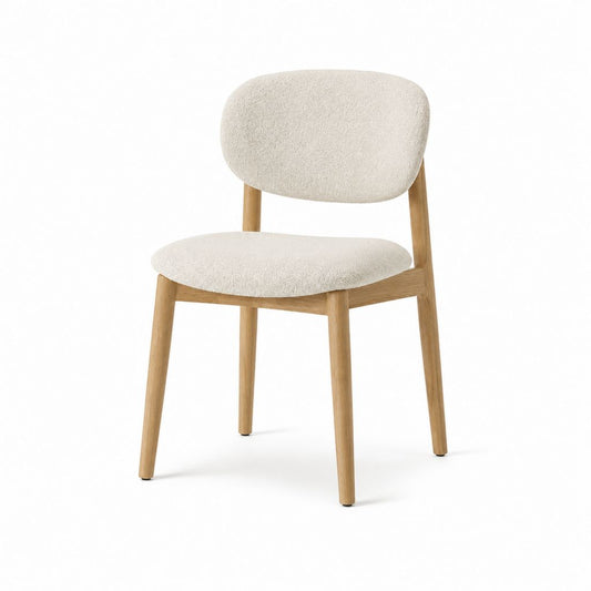 Esszimmerstuhl aus Holz und Stoff Boucle Creme mit abgerundeter Rückenlehne, 50 × 54 × 80 cm