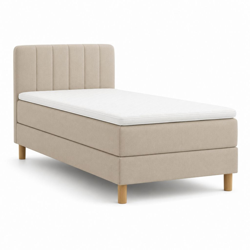 Einzelbett Boxspring 90 × 200 cm aus beige und weißem Polyester, Gesamtgröße 100 × 210 × 120 cm, mit Matratze, Topper und gepolstertem Kopfteil