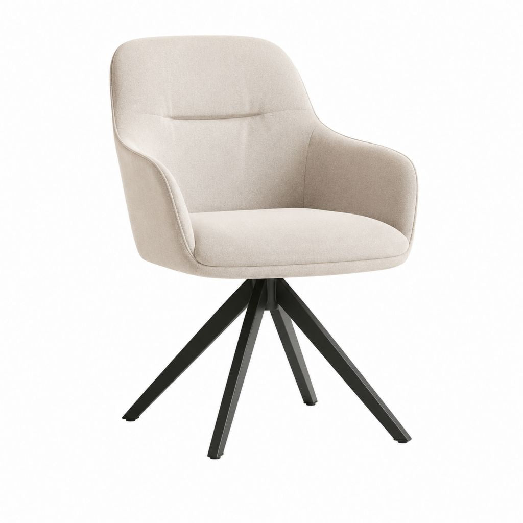 Drehbarer Stuhl mit Armlehnen, Polyester-Beschichtung, gekrümmte Rückenlehne und Basis aus schwarzem Stahl, beige, 59 × 62 × 86 cm