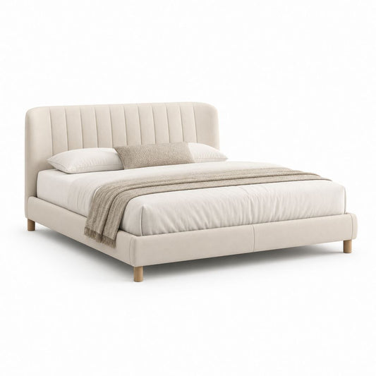 Gepolstertes Doppelbett aus Beige-Gewebe mit Kopfteil, Oberfläche 180 × 200 cm, Abmessungen 200 × 220 × 110 cm