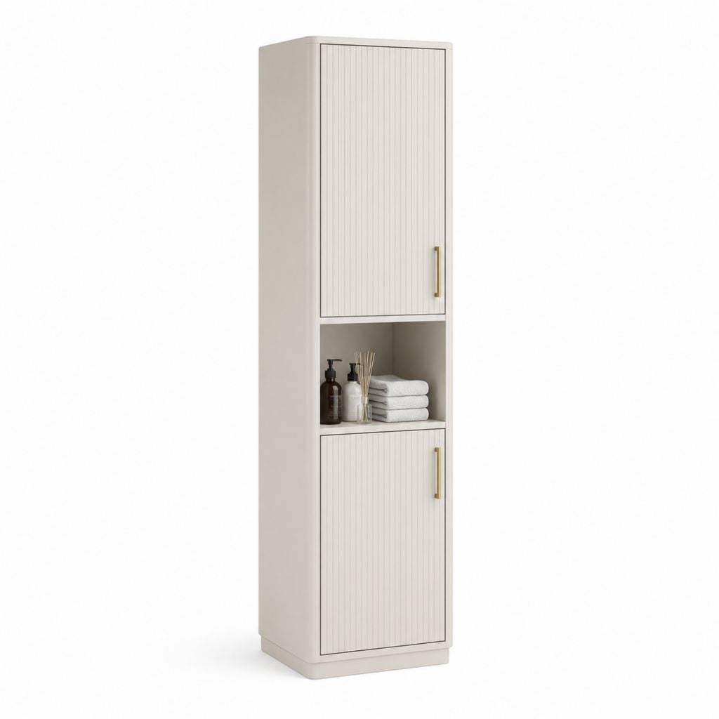 Hochmöbel aus Holz mit 2 Türen und offenem Fach, Beige und Messing, 40 × 30 × 170 cm