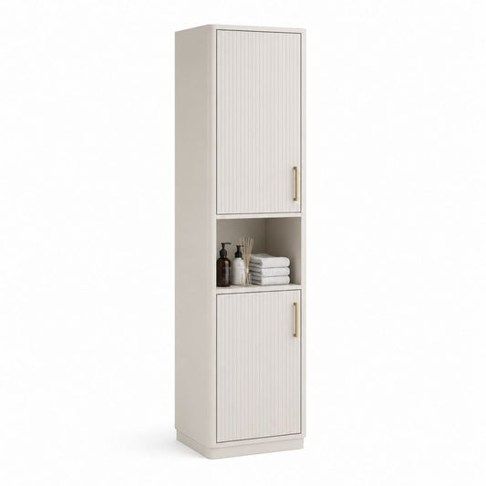 Hochmöbel aus Holz mit 2 Türen und offenem Fach, Beige und Messing, 40 × 30 × 170 cm