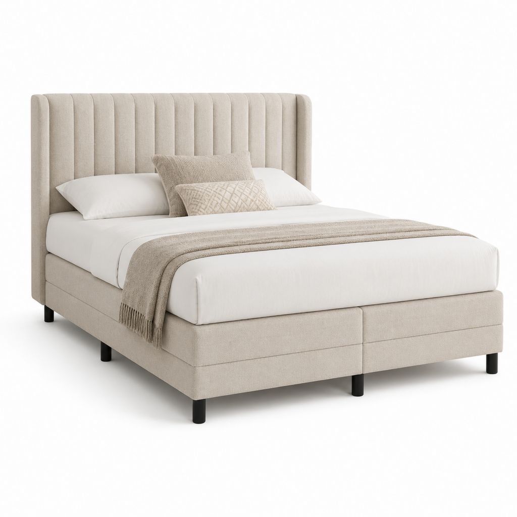 Gepolstertes Doppelbett aus Beige-Gewebe mit Kopfteil, Oberfläche 180 × 200 cm, Abmessungen 196 × 218 × 120 cm