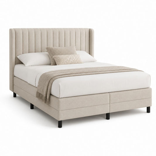 Gepolstertes Doppelbett aus Beige-Gewebe mit Kopfteil, Oberfläche 180 × 200 cm, Abmessungen 196 × 218 × 120 cm