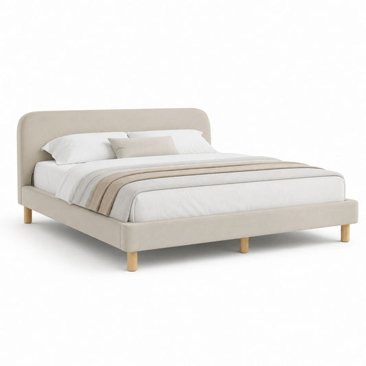 Beige gepolstertes Doppelbett mit Kopfteil, Lattennetz und Beine aus Holz, für Matratze 160 × 200 cm, Abmessungen 170 × 215 × 100 cm