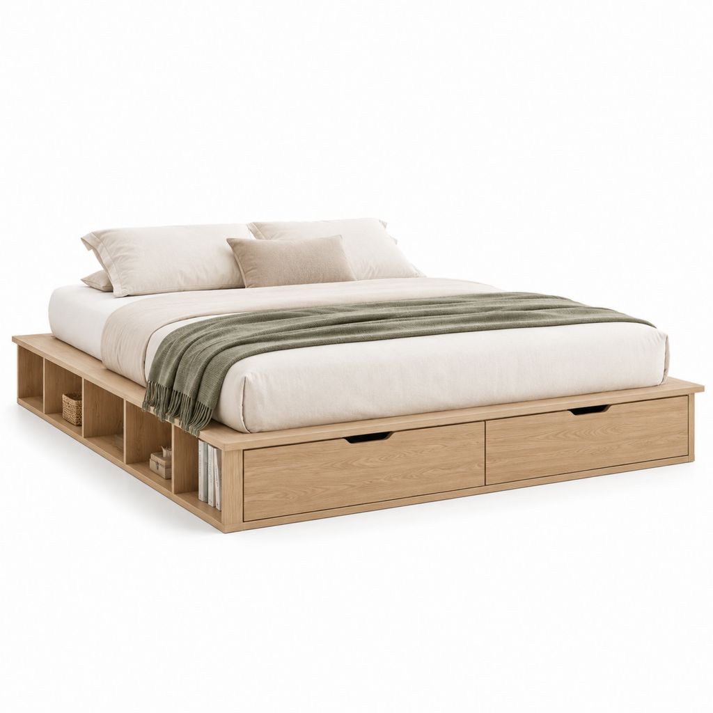 Doppelbett natürlichen Eicheneffekt Holzbehälter, Oberfläche 180 × 200 cm, 2 Schubladen und Seitenräume