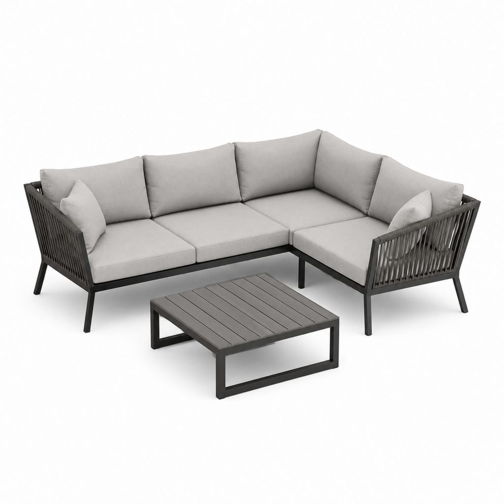 Set 5 pezzi – Ecksofa Set aus Aluminium und Seil, hellgrau und anthrazit, 240 × 240 × 78 cm, mit Couchtisch 70 × 70 × 32 cm
