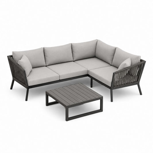 Set 5 pezzi – Ecksofa Set aus Aluminium und Seil, hellgrau und anthrazit, 240 × 240 × 78 cm, mit Couchtisch 70 × 70 × 32 cm