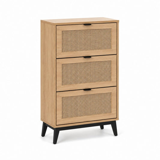 3 klappbare rechteckige Stiefel aus MDF, Rattan und Metall, Eiche und Natur, 63 × 24 × 120 cm