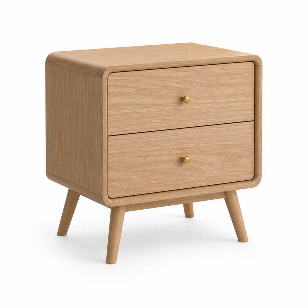 Rechteckiger Nachttisch mit 2 Schubladen aus MDF furniert Eiche und Beine aus massiver Eiche, Naturholz, 50 × 40 × 58 cm