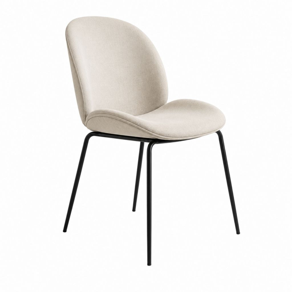 Esszimmerstuhl mit abgerundeter Rückenlehne aus beige Polyester und schwarzem Stahl, 86 × 50 × 57 cm