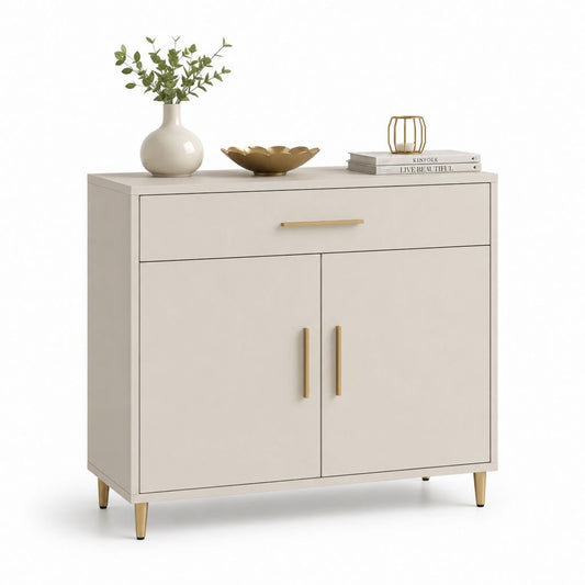 Schrank mit 2 Türen und 1 Schublade aus Beige-Melamin mit goldenen Griffen, 100 × 40 × 100 cm
