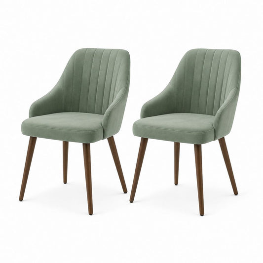 2er-Set Esszimmerstühle mit 2 Essstühlen mit grünen Armlehnen Salbei, 56 × 60 × 86 cm, aus Samt aus Polyester und Stahl-Nusseffekt