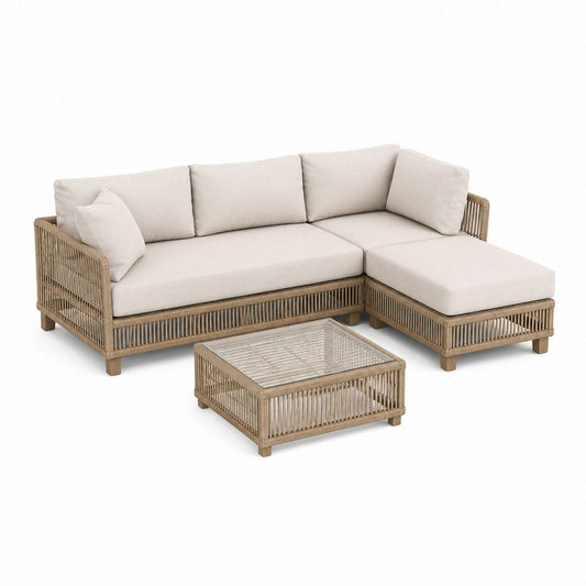Ecksofa Set von außen bis 3 Sitze in beige PE Rattan und Turteltaube mit chaise longue rechts und Couchtisch, 220 × 145 × 75 cm