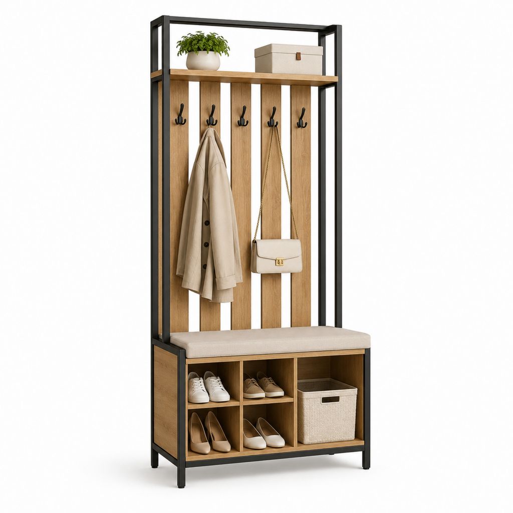 Kleiderbügel mit Schuhbank, Kissen, Regal und 5 Doppelhaken, Struktur aus Stahl und MDF, Eiche, Schwarz und Beige, 80 × 35 × 180 cm