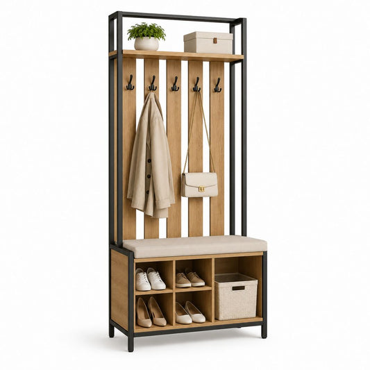 Kleiderbügel mit Schuhbank, Kissen, Regal und 5 Doppelhaken, Struktur aus Stahl und MDF, Eiche, Schwarz und Beige, 80 × 35 × 180 cm