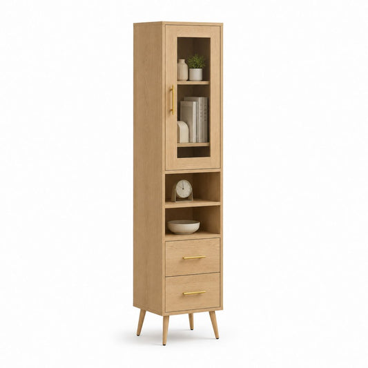 Hoher Holzschmuck mit Glastür, 2 Schubladen und 3 Regale, Eiche und Gold, 40 × 35 × 180 cm