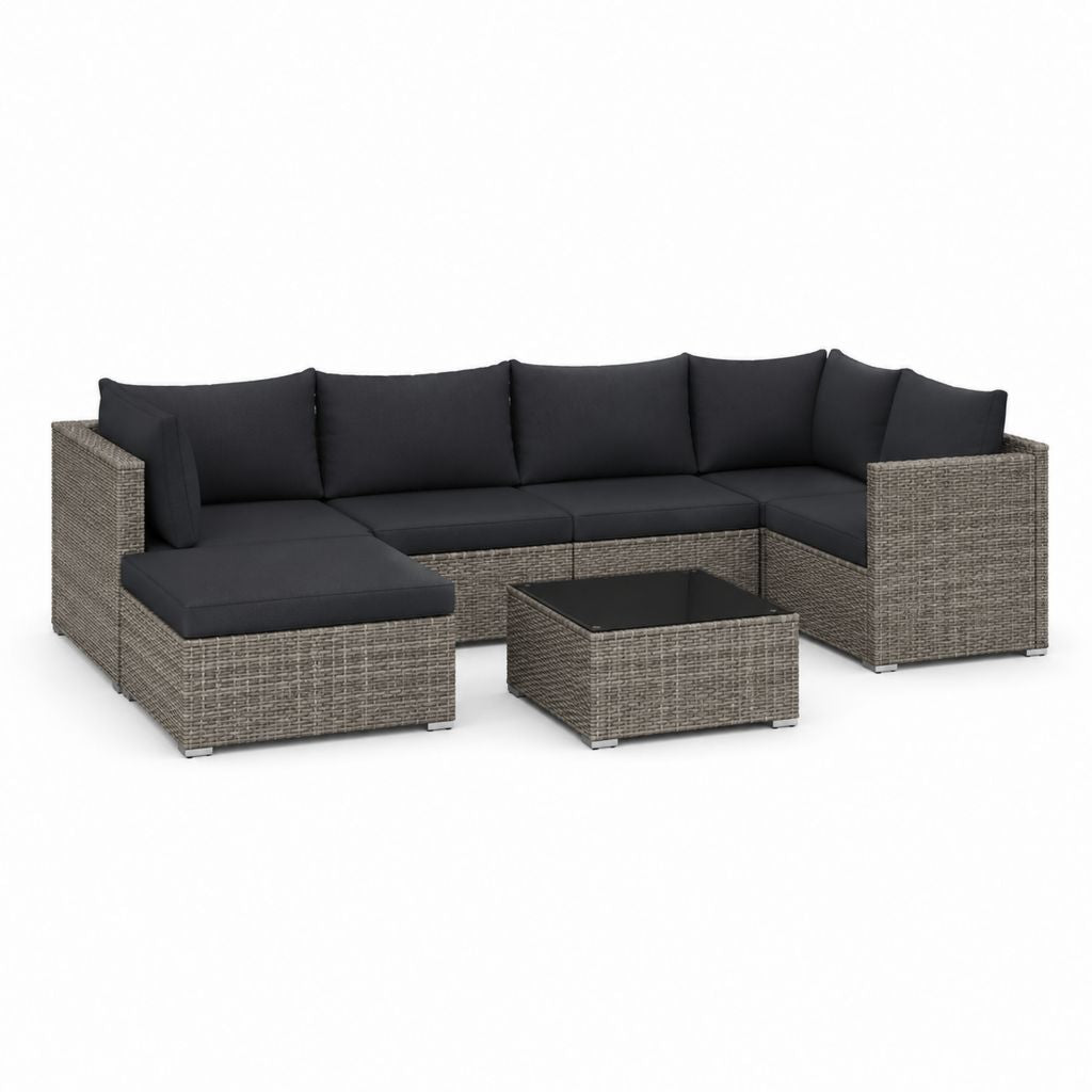Set Ecksaal von außen bis 6 Sitze in grau polyrattan mit schwarzen Kissen und Couchtisch, 280 × 150 × 65 cm