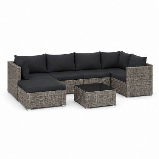 Set Ecksaal von außen bis 6 Sitze in grau polyrattan mit schwarzen Kissen und Couchtisch, 280 × 150 × 65 cm