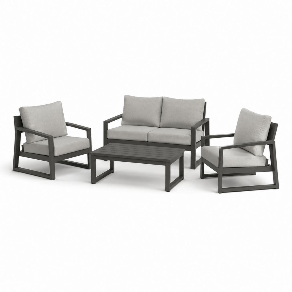 Set Gartenbereich 4 Stücke aus hellgrauem und anthrazitem Aluminium, Sofa 130 × 75 × 78 cm, Couchtisch 100 × 55 × 38 cm