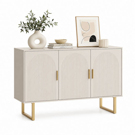 Rechteckiger 3-türiger Glaube aus MDF und Metall, Beige und Gold, 120 × 40 × 80 cm