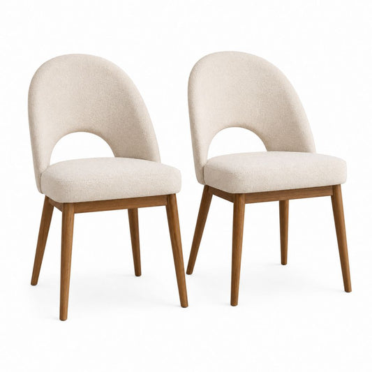 2er-Set Esszimmerstühle mit 2 gepolsterten Essstühlen mit abgerundeter Rückenlehne aus Polyester-Boucle und Massivholz, beige und braun, 49 × 56 × 84 cm