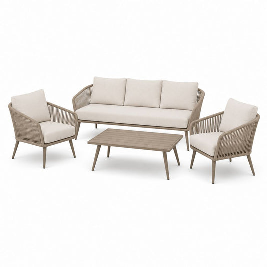 Set Garten-Wohnzimmer 4 Stück Turteltaube und Beige aus Aluminium und Seil, Sofa 190 × 78 × 78 cm, Sessel 75 × 78 × 78 cm, Couchtisch 110 × 60 × 42 cm