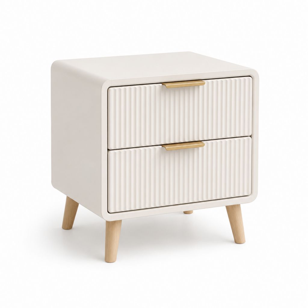 Rechteckiger Nachttisch mit 2 Schubladen aus MDF und Massivholz, Creme, 50 × 40 × 58 cm