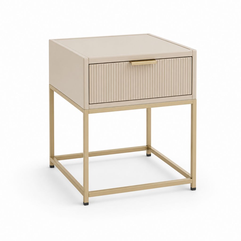 Rechteckiger Nachttisch mit Schublade aus MDF und Stahl, Beige und Gold, 45 × 40 × 60 cm