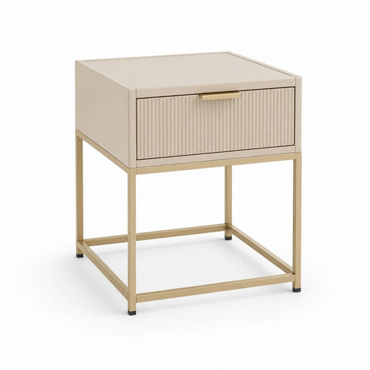 Rechteckiger Nachttisch mit Schublade aus MDF und Stahl, Beige und Gold, 45 × 40 × 60 cm