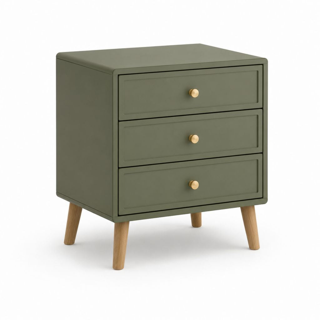 Rechteckiger Nachttisch mit 3 Schubladen aus MDF und olivgrünem Massivholz, 45 × 40 × 60 cm