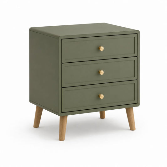 Rechteckiger Nachttisch mit 3 Schubladen aus MDF und olivgrünem Massivholz, 45 × 40 × 60 cm